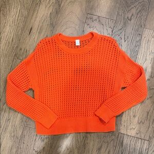 Ladies Orange Open-Knit Crewneck Sweater